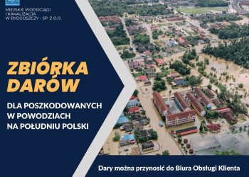 Grafika ze zdjęciem zalanego terenu i informacją o prowadzonej zbiórce darów dla powodzian