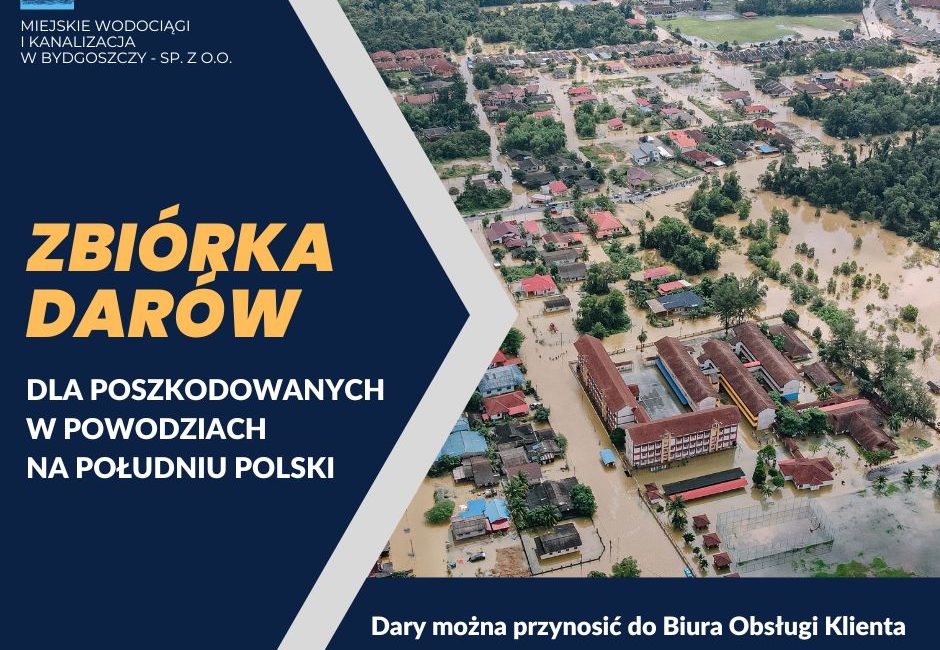 Grafika ze zdjęciem zalanego terenu i informacją o prowadzonej zbiórce darów dla powodzian