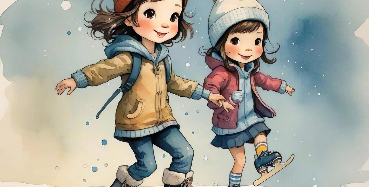 Rysunek przedstawiający dzieci na łyżwach