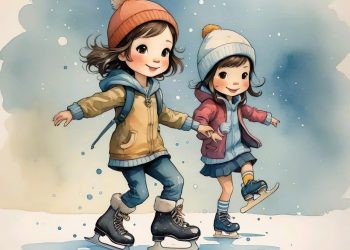 Rysunek przedstawiający dzieci na łyżwach