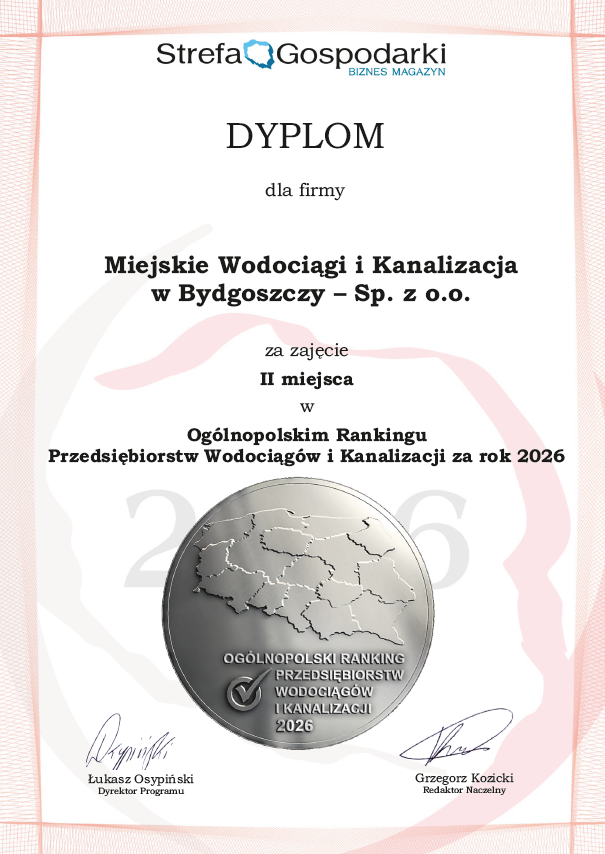 Dyplom potwierdzający zajęcie II miejsca w Rankingu Przedsiębiorstw Wod.-Kan. 2026