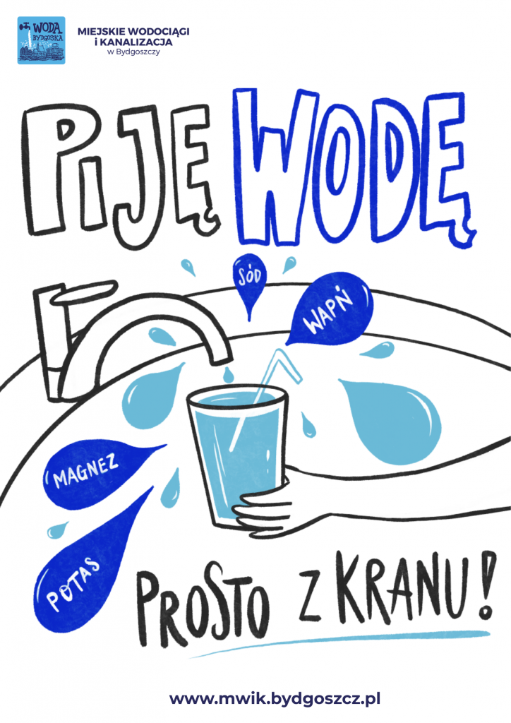 plakat prezentujący kran i wodę, zachęcający do picia wody prosto z kranu