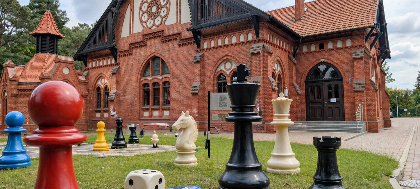 Zabytkowy budynek z elemantami gier - pionkami i kostkami - w dużym rozmiarze przed tym budynkiem