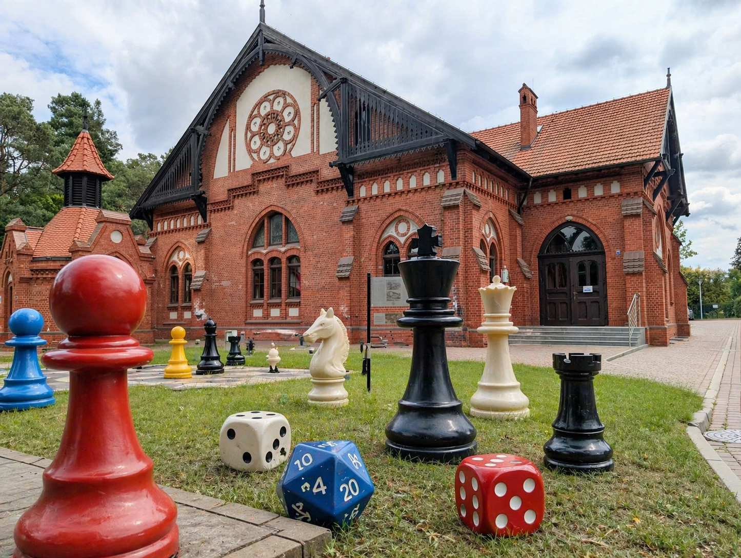Zabytkowy budynek z elemantami gier - pionkami i kostkami - w dużym rozmiarze przed tym budynkiem