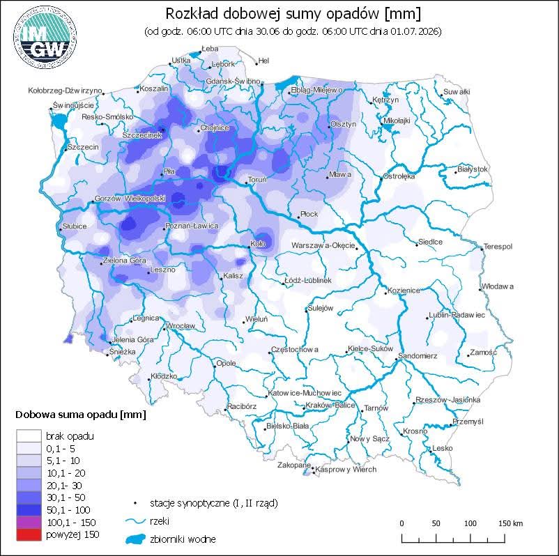 mapa pokazująca intensywność opadu w nocy z 30 czerwca na 1 lipca 2026 roku